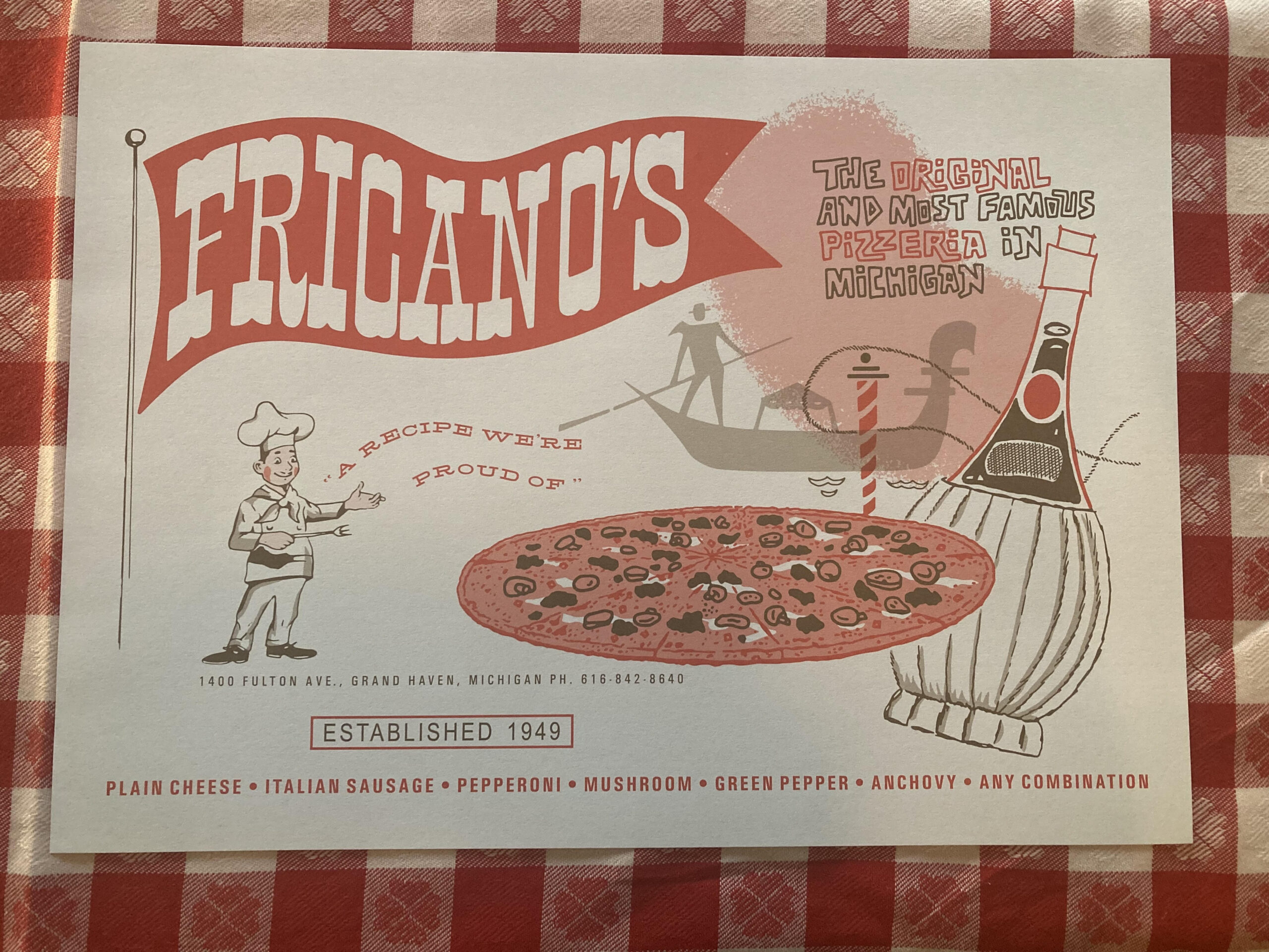 Menu and Placemat for Fricano's Pizza Tavern