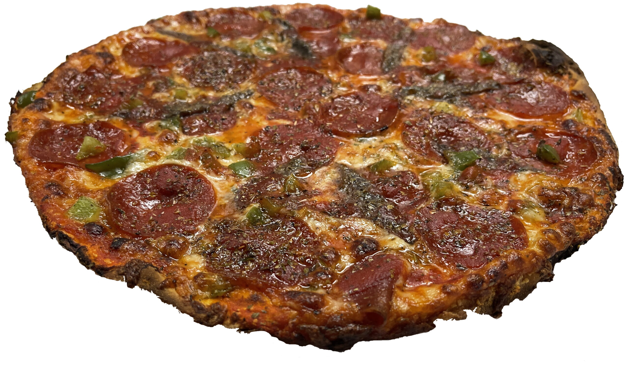 Pepperoni, Green Pepper, Anchovy, Extra Sauce, Well Done Angled_4mb